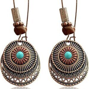 Bohemian Copper Round Circle Disc Dangle Drop Earrings Geometric Flower Boho